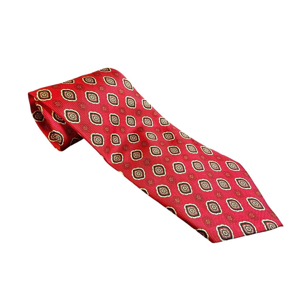 Bijoux Terner Mens Red Silk Medallion Geometric Pattern Necktie Hand Made